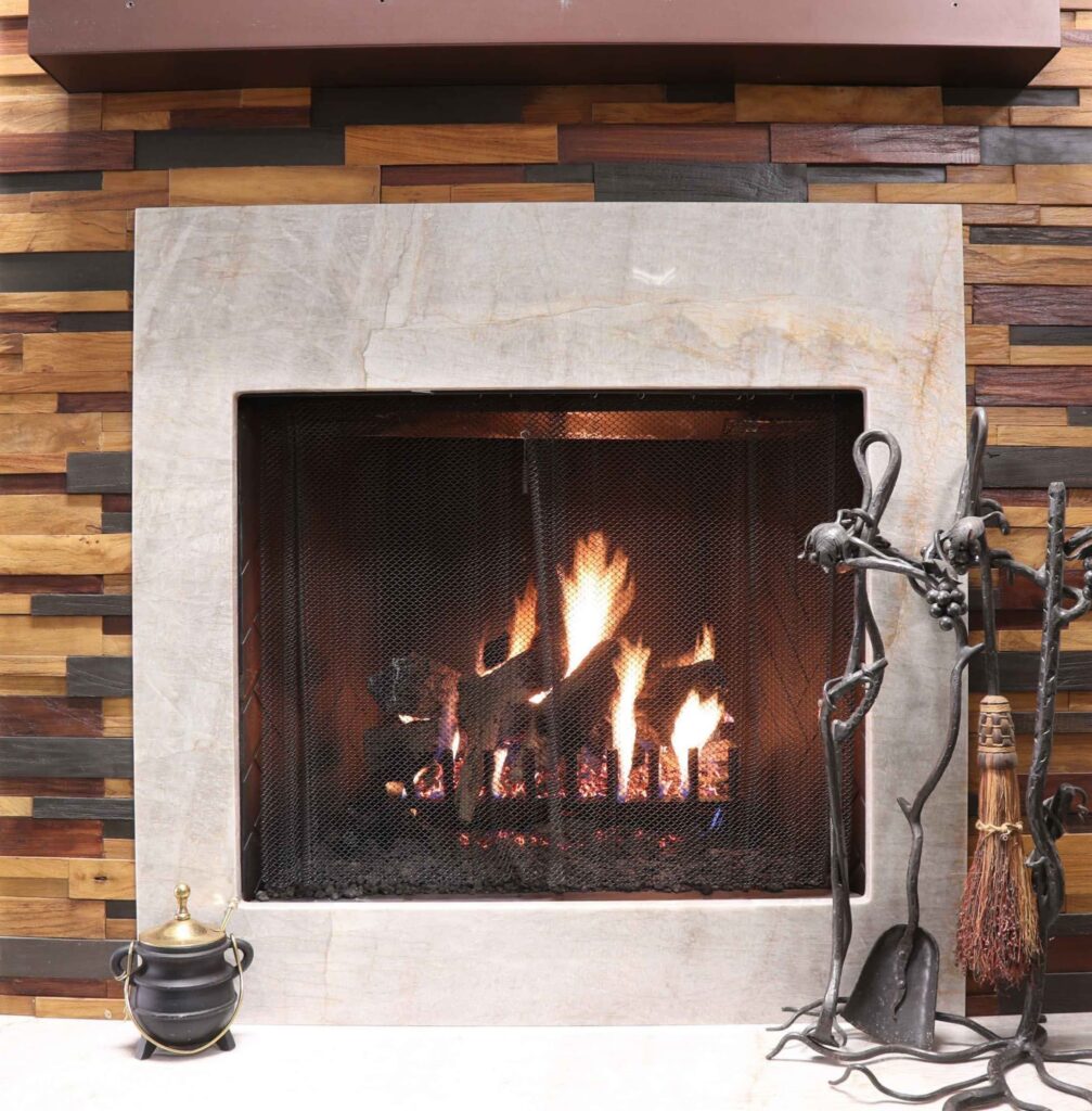 Close up of a fully-vented fireplace